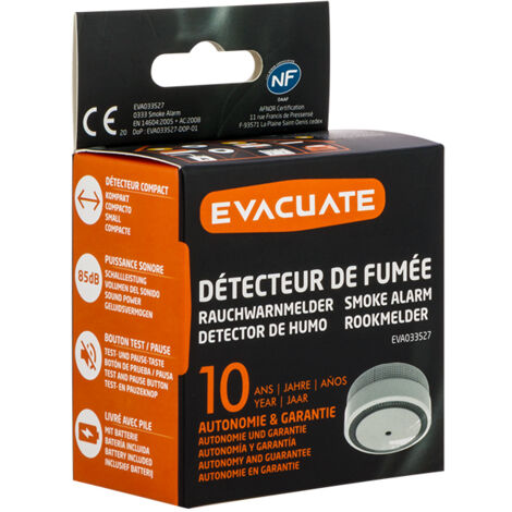 Détecteur de fumée NF autonomie 10 ans + support magnétique - EVACUATE