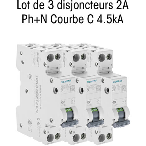 Lot de 3 Disjoncteurs électriques phase + neutre 2A - SIEMENS