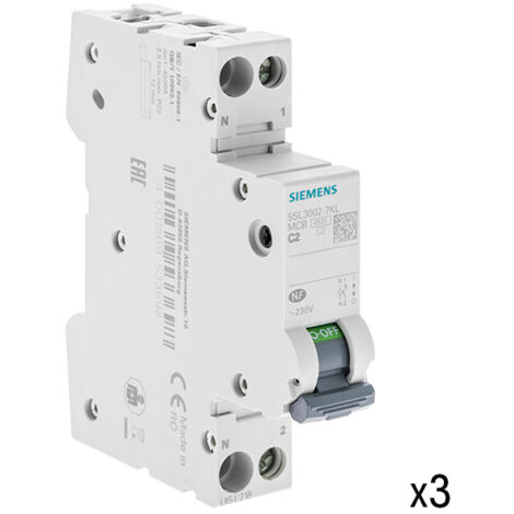 Lot de 3 Disjoncteurs électriques phase + neutre 2A - SIEMENS