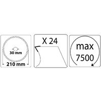 Kreissägeblatt Hartmetall für Holz 210 x 30 mm 24Z - 24 Zähne + 2 Reduzierringe auf 25,4 und 16 mm