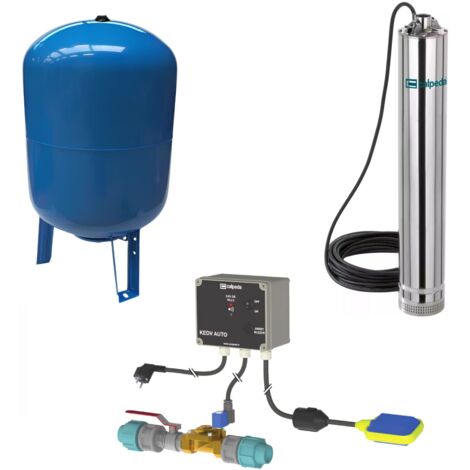 Calpeda – Kit pompe immergée multicellulaire 100L – Coffret gestion eau de pluie et eau de ville – Pressostat 0-6 bars – Acier inoxydable