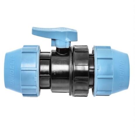Vanne à boisseau à compression pour tube PE Ø50 – Polypropylène renforcé anti-UV – Pression max 16 bar – Démontable pour nettoyage facile