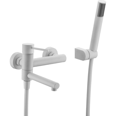 IMEX Miscelatore vasca-doccia monocomando in ottone e zama bianco opaco tubo flessibile metallo 180 cm supporto ABS maniglia doccia rotonda cartuccia ceramica Ø35 mm modello Imex-BDYS045-4BL (1/3)