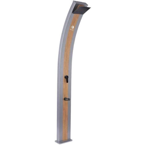 SINED Doccia Solare en Aluminium Gris RAL7048 avec Bandeau en Bois Reservoir 40 Litres Hauteur 224 cm Robinet Lavapiedi et Mitigeur Modele Ella