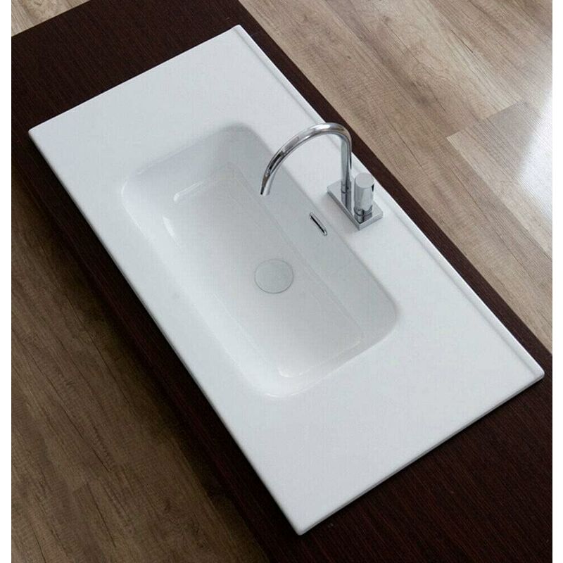 Mobile Bagno Sospeso 91 Cm Con Lavabo in Ceramica Specchio e Luce Led Bianco