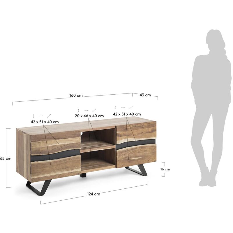 Mueble TV Uxia 2 puertas de madera maciza de acacia y acero acabado negro  160 x 65 cm