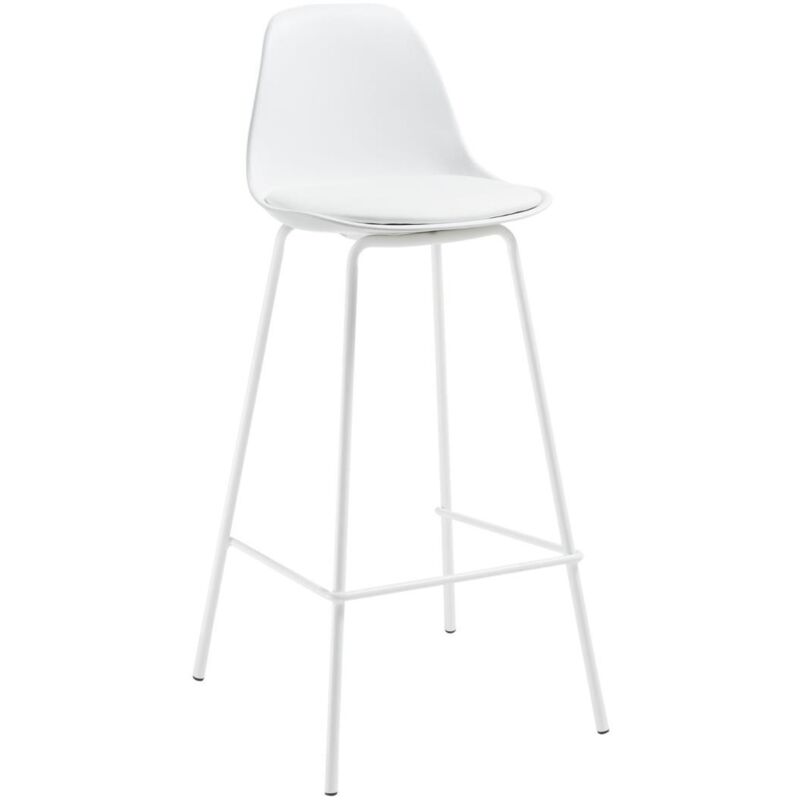 Kave Home Taburete alto de bar brighter blanco 65 cm con respaldo asiento tapizado en piel y patas