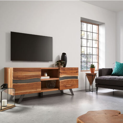 Mueble TV Delsie 3 puertas de madera maciza de acacia y acero acabado negro  147 x 50 cm