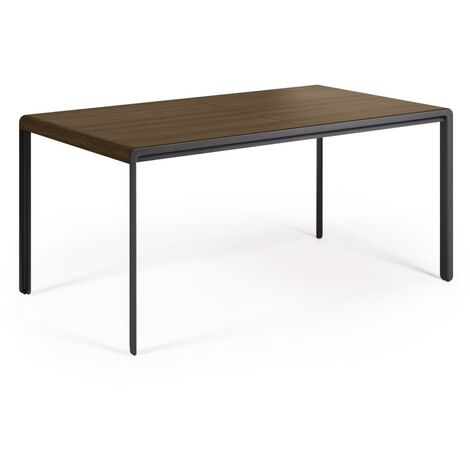 Mesa de comedor extensible acabado nogal y patas metálicas en negro, barata