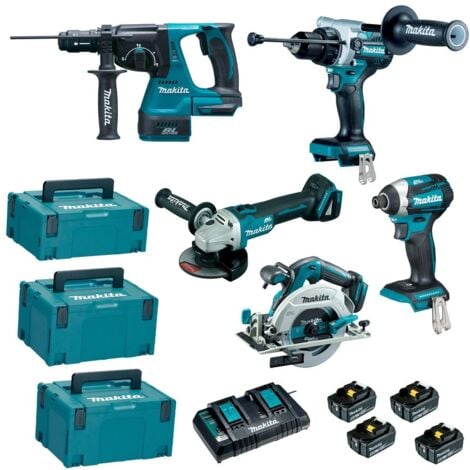 Lot de 5 machines 18 V Li-Ion avec 4 batteries 5Ah et chargeur rapide double, 3 coffrets Makpac - Makita DLX5090PTJ