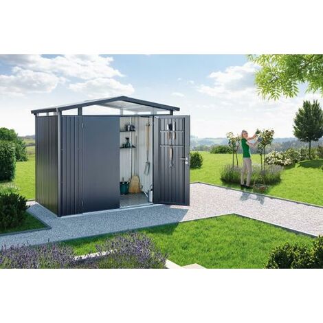 CASETA COBERTIZO METALICA BIOHORT PANORAMA P4 COLOR GRIS OSCURO METALIZADO DOBLE PUERTA