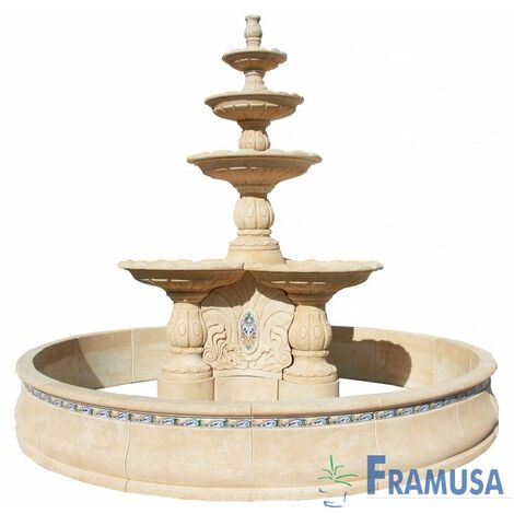 FUENTE DE PIEDRA ARTIFICIAL CENTRAL EXTRA GRAN ROSANA FLORENSAL OCRE CON BOMBA Y CERCO PARA JARDIN