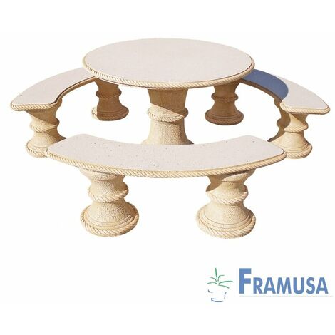 CONJUNTO COMEDOR PIEDRA CIRCULAR JARDIN ABETO PULIDO OCRE