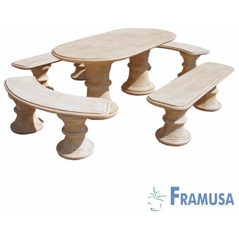CONJUNTO COMEDOR PIEDRA OVALADO JARDIN SAUCE NATURAL OCRE