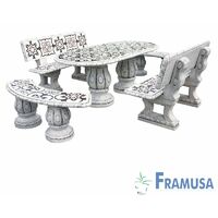 CONJUNTO COMEDOR PIEDRA OVALADO JARDIN FRESNO DEICO CON AZULEJOS OCRE