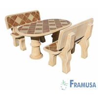 CONJUNTO COMEDOR PIEDRA OVALADO JARDIN MINI OLMO GRES CON AZULEJOS OCRE