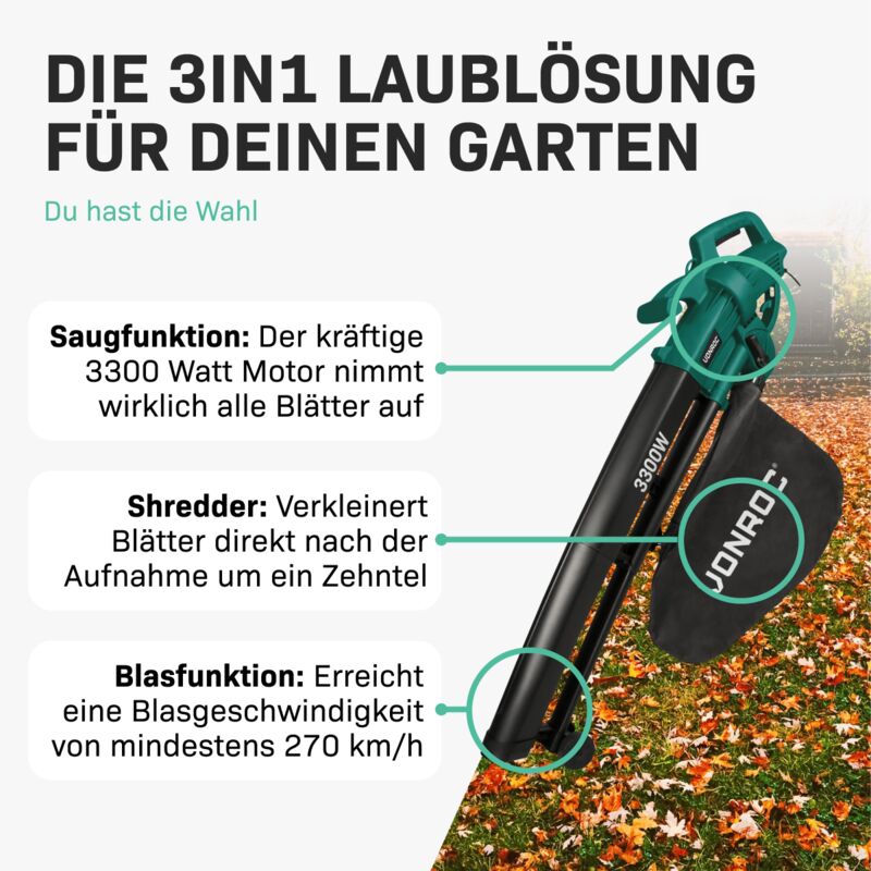 Souffleur de Feuilles VONROC 3-en-1 3300W – Souffler, Aspirer et Déchiqueter – Vitesse d’Air de 270km/h – Sac de Collecte de 40L Inclus - Aspirateur Souffleur Feuilles Puissant 2