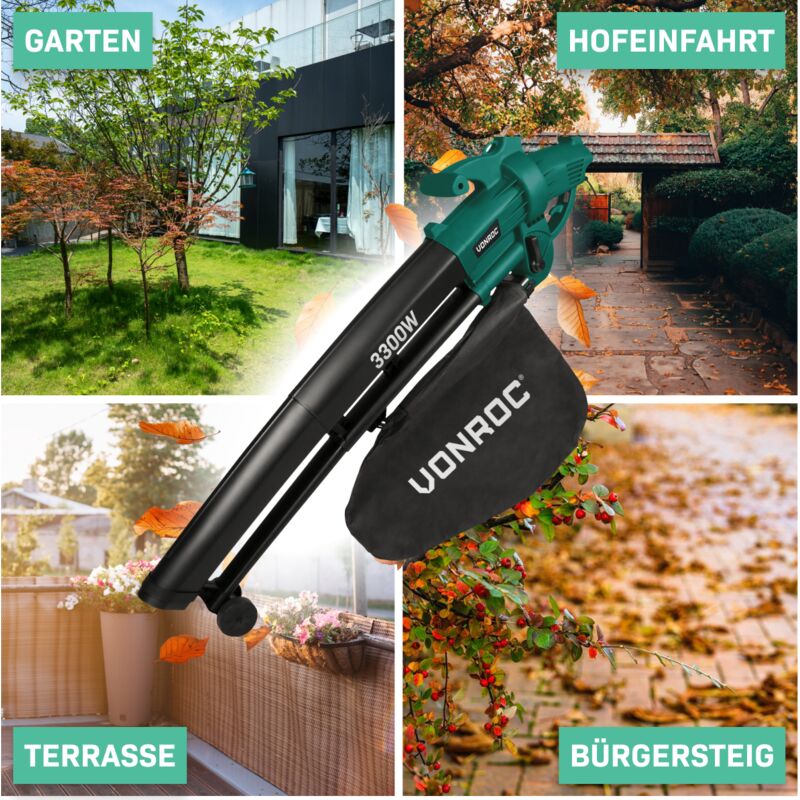 Souffleur de Feuilles VONROC 3-en-1 3300W – Souffler, Aspirer et Déchiqueter – Vitesse d’Air de 270km/h – Sac de Collecte de 40L Inclus - Aspirateur Souffleur Feuilles Puissant 4