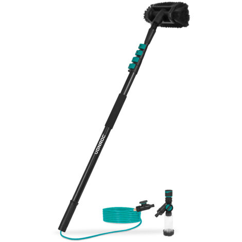 Vonroc – Brosse de lavage télescopique 4,60 m – Tête polyvalente – Tuyau d'arrosage 6 m avec robinet sphérique – Distributeur de savon inclus