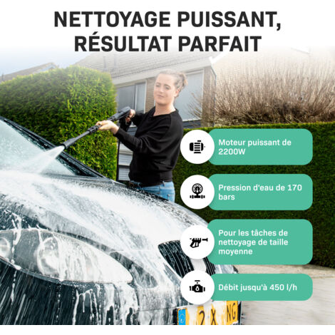 V22-2 Nettoyeur Haute Pression 2200W VONROC – 170 bar - Réservoir de Détergent Réglable - Débit 450L/h, 50° max. - Tuyau, Pistolet, Buses, Lance de Rallonge