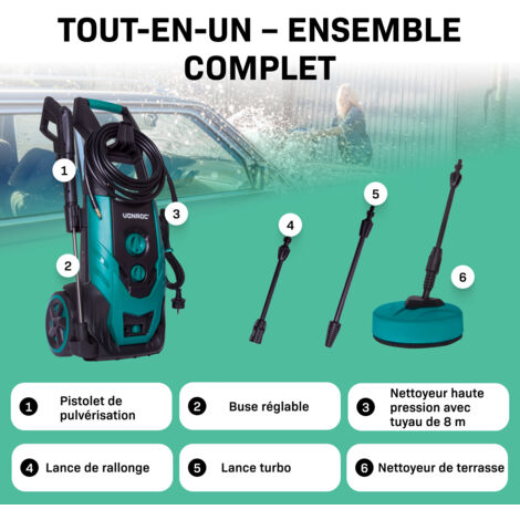 V22-2 Nettoyeur Haute Pression 2200W VONROC – 170 bar - Réservoir de Détergent Réglable - Débit 450L/h, 50° max. - Tuyau, Pistolet, Buses, Lance de Rallonge