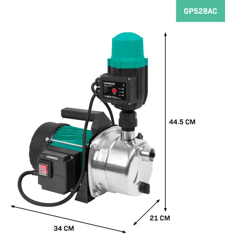 Pompe à Eau Automatique d'Arrosage VONROC 1000W, 3500l/h - 4,4 bar, Puissance Aspiration 8m - Protection contre le fonctionnement à sec - Pompe à Eau Électrique Acier Inoxydable - Pompe de Jardin