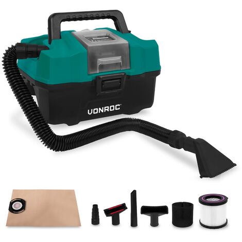 Vonroc – Aspirateur à main 20V – Bac 15L – Aspiration eau et poussière – Tuyau flexible 1,68m – Filtre HEPA lavable – Accessoires inclus (1/5)