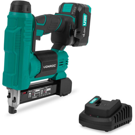 Vonroc – Agrafeuse électroportative sans fil 20V – 100 clous/agrafes par minute – Avec batterie 4.0Ah et chargeur – Pour bois dur et matériaux isolants