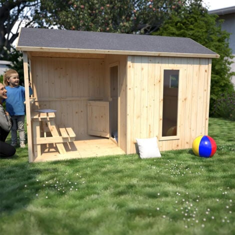 SOULET Cabane en Bois pour Enfants Jazz Avec Préau Table et Banc PlancherToiture Feutre Bitumeux Porte 3 Fenêtres