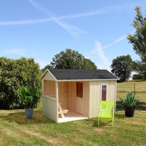 SOULET Cabane en Bois pour Enfants Jazz Avec Préau Table et Banc PlancherToiture Feutre Bitumeux Porte 3 Fenêtres