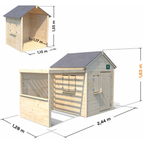 Cabane Pour Enfants En Bois 4IQ - Maison De Jardin 190,5x143x159 Cm, Imprégnée, Avec Terrasse Couverte