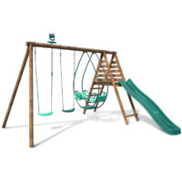 Portique en bois rond 3 agrès avec face à face et toboggan NARCISSE