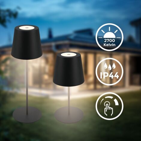 B.K.Licht Lampe de table LED sans fil IP44, Variable, tactile, protection contre les éclaboussures, sans fil, noir, 36 x Ø10,5 cm