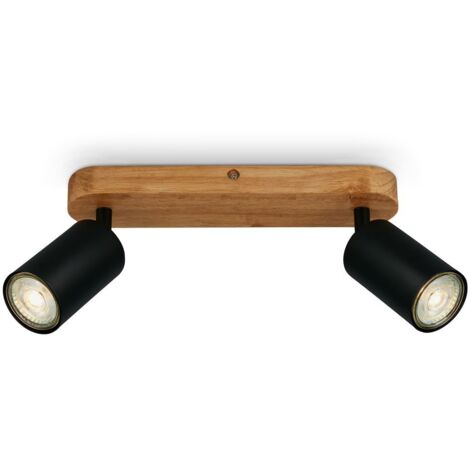 B.K.Licht Plafonnier à spot orientable 27x6x8,5cm Rectangulaire 2x GU10 Vintage Bois & Métal Noir Plafonnier d'intérieur Cuisine, salon, chambre