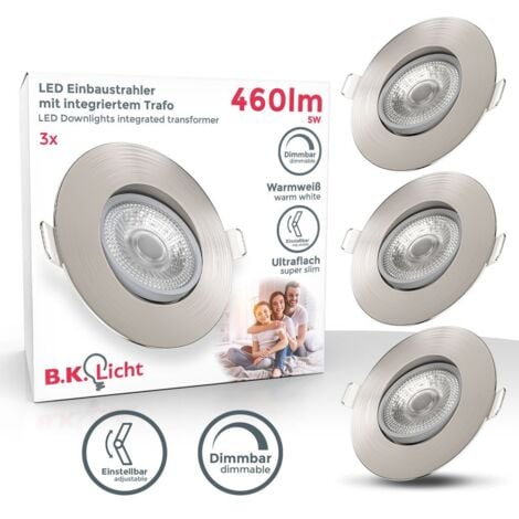 B.K.Licht lot de 3 spots à encastrer IP23 ultraplats 24mm, orientables et dimmables, Ø90mm, nickel mat, éclairage plafond encastrable, platines LED 4,9W, 480Lm, blanc chaud 3000K