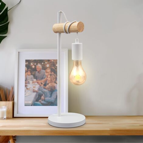 Lampe de table, design rétro industriel, bois & métal, éclairage salon &  chamber, lampe de chevet, douille E27, blanche