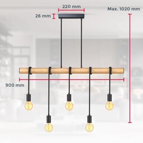 B.K.Licht Lampe à suspension à flamme I métal et bois I E27 I noir mat I lampe à suspension vintage I plafonnier rétro I sans ampoule