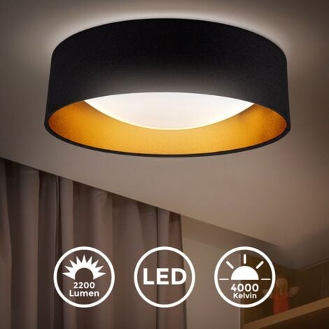B.K.Licht Plafonnier noir doré, platine LED 18W intégrée, éclairage plafond chambre, entrée, couloir, suspension tissue chambre d’enfant 2200Lm, lumière blanche neutre 4000K