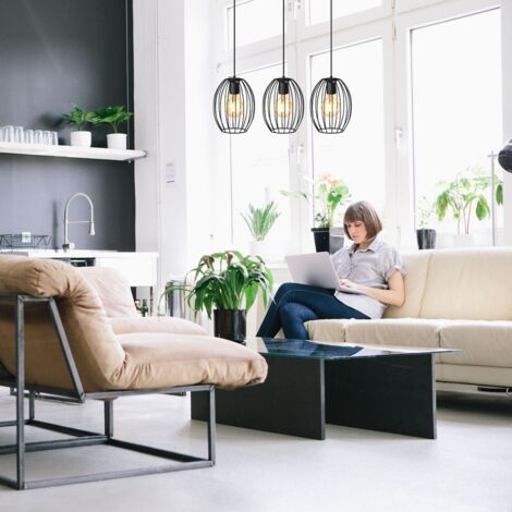 Suspension luminaire industrielle retro 3 têtes, Douille E27 pour ampoules maximale de 60 W, Abat-jour métal noir, Longueur 112cm, Lustre pour salon, salle à manger