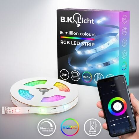 B.K.Licht I 5m Wifi RGBIC LED Strip I App control I music sensor I lightbar I LED running light I RGBIC LED strip I compatible with Alexa I smart LED band I self-adhesive