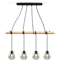 B.K.Licht suspension design pour 4 ampoules E27 max 60W, chandelier vintage bois métal, hauteur réglable, éclairage salon salle à manger, style rétro