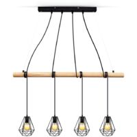 B.K.Licht suspension design pour 4 ampoules E27 max 60W, chandelier vintage bois métal, hauteur réglable, éclairage salon salle à manger, style rétro