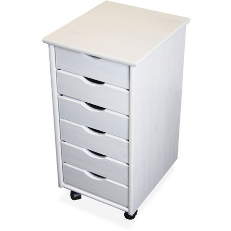 Caisson de Bureau avec 6 tiroirs en blanc, meuble de bureau avec roulettes en bois, 39 x 34,5 x 66 cm