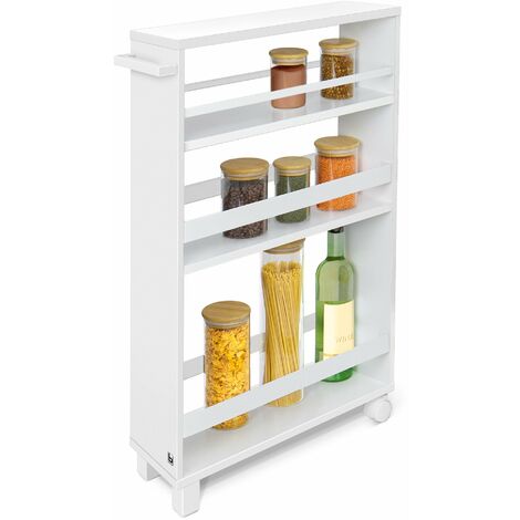 Chariot de cuisine étroit 50x79x15 cm – Etagère salle de bain avec 3 compartiments – Bois FSC® et métal – Roulettes en polypropylène – Bomoe