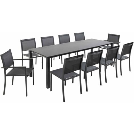 Ensemble table de jardin extensible alu et pierre et 10 assises gris