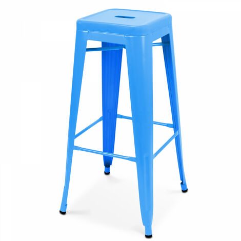 Oviala – Tabouret de bar en acier époxy bleu mat – Hauteur 76 cm – Résistant aux intempéries – Empilable avec patins antidérapants (1/7)