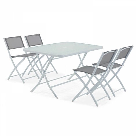 Table de jardin et 4 chaises pliantes en acier et verre gris - Gris