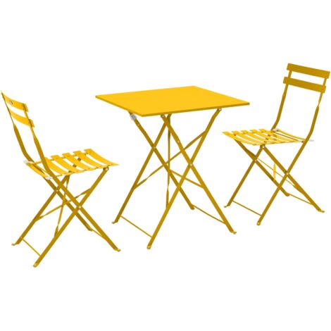 Oviala – Ensemble table et chaises de jardin acier jaune – 2 chaises pliantes – Table 60x60cm – Traitement anti-corrosion – Revêtement époxy