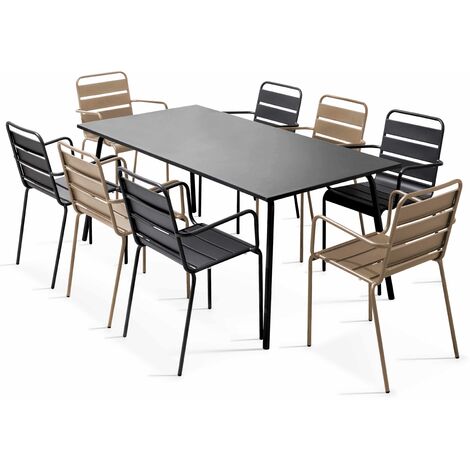Palavas - Ensemble table et 8 fauteuils en métal gris et taupe - Taupe