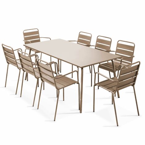 Oviala – Ensemble table et 8 fauteuils de jardin en métal taupe – Structure en acier thermolaqué – Entretien facile – 8 places